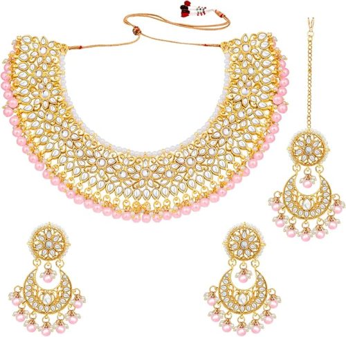 Aheli Faux Kundan Jewelry Set for Women - Necklace, Earrings & Maang Tikka